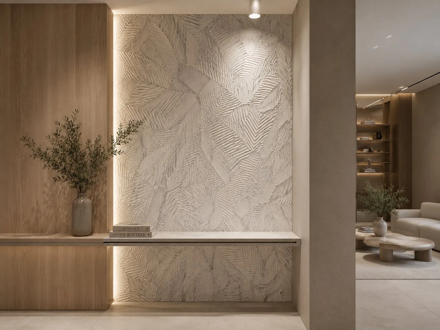 Banana Leaf Pattern Krem Stonart Duvar Paneli